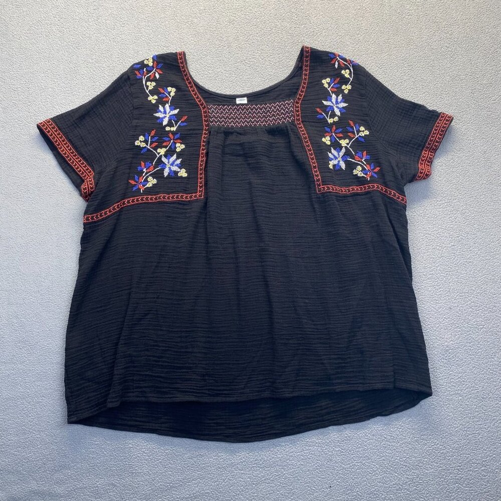 Old Navy Black‎ Red Blue Yellow White Floral Stitched Short Sleeve Top Size XXL